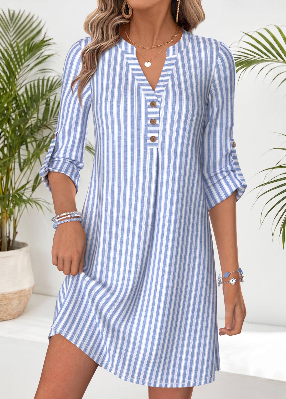 Striped Tummy Coverage Blue Short Long Sleeve Dress