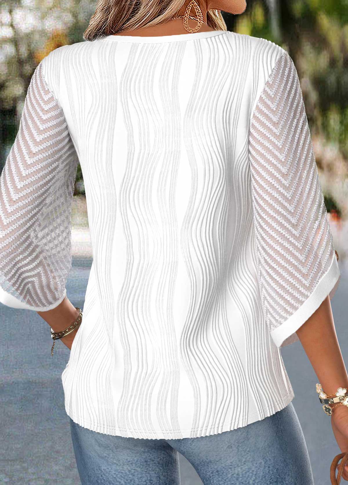 Curved Hem Raw White 3/4 Sleeve Split Neck Blouse