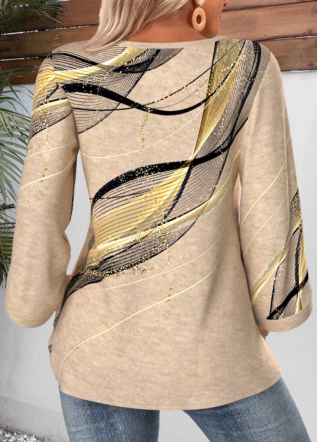 Geometric Print Button Light Camel 3/4 Sleeve Blouse