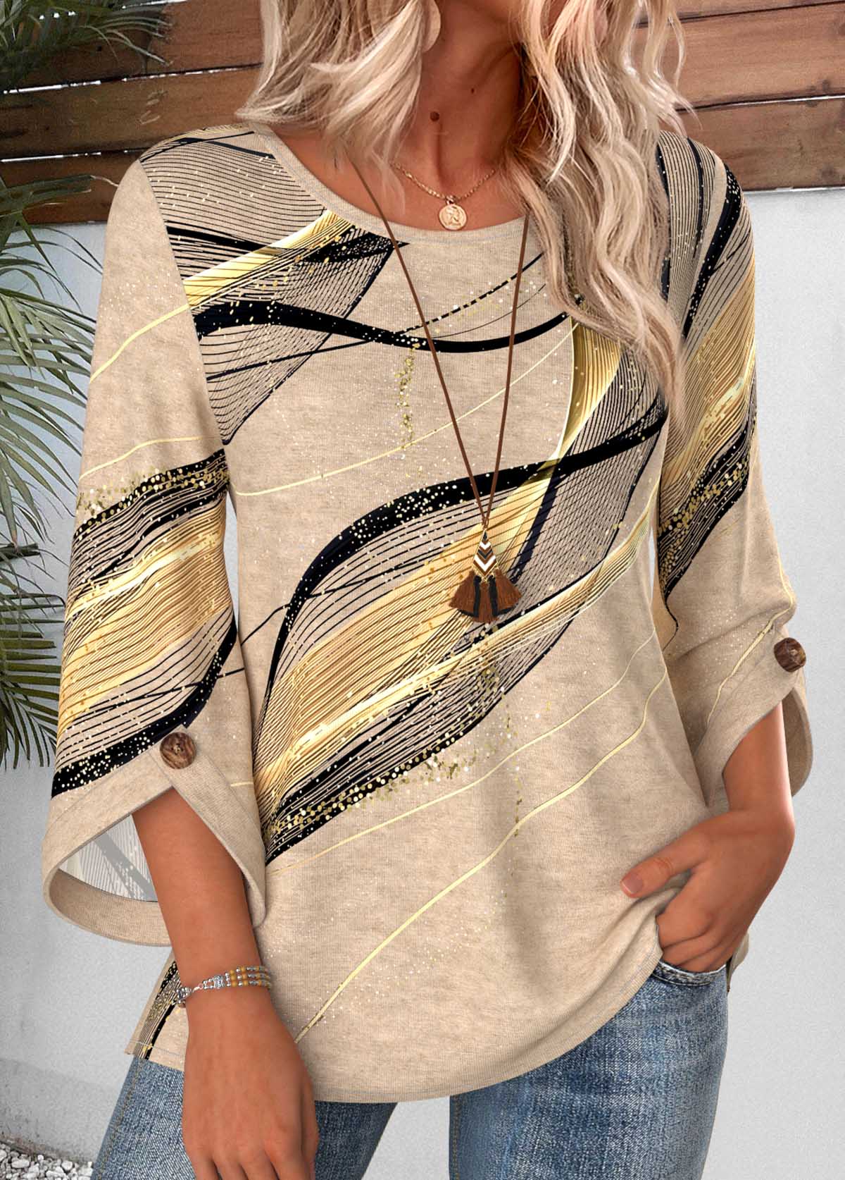 Geometric Print Button Light Camel 3/4 Sleeve Blouse