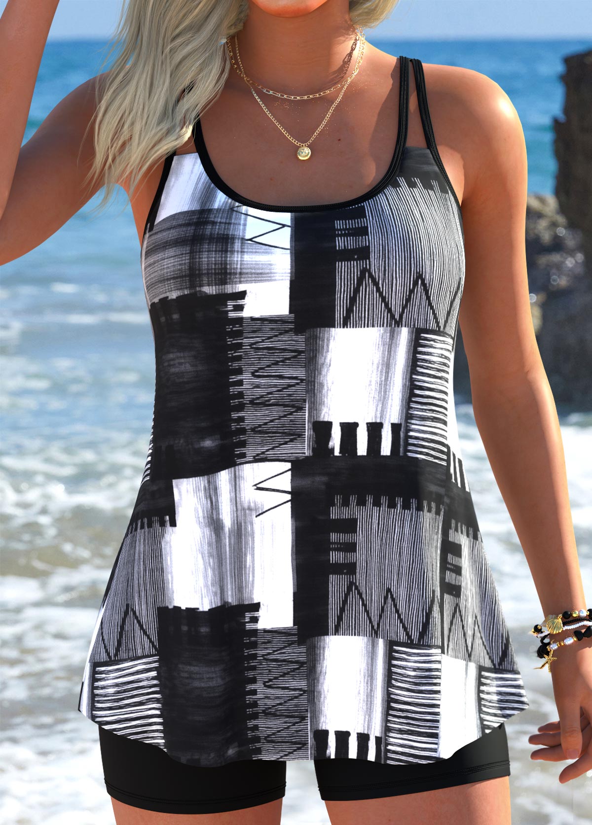 Geometric Print Tummy Coverage Black Tankini Top-No Bottom