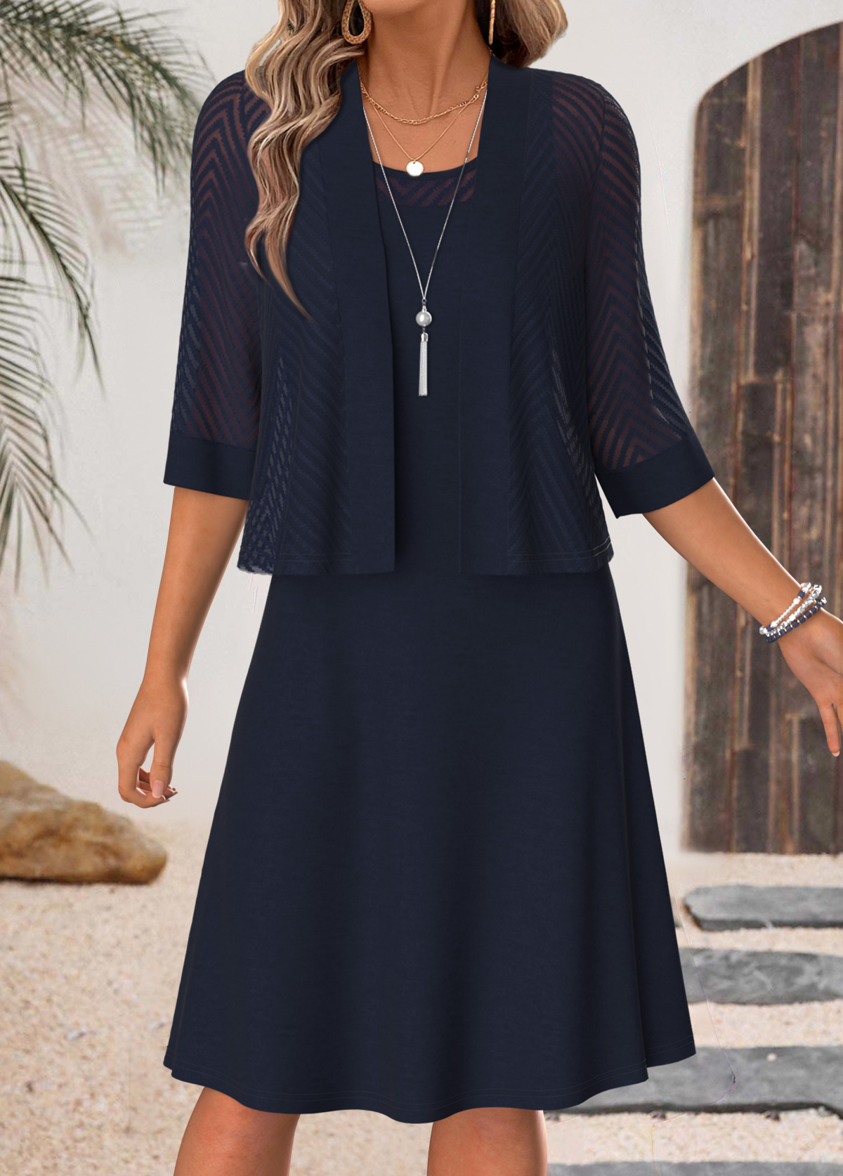 Tummy Coverage Navy Half Sleeve Dress and Cardigan