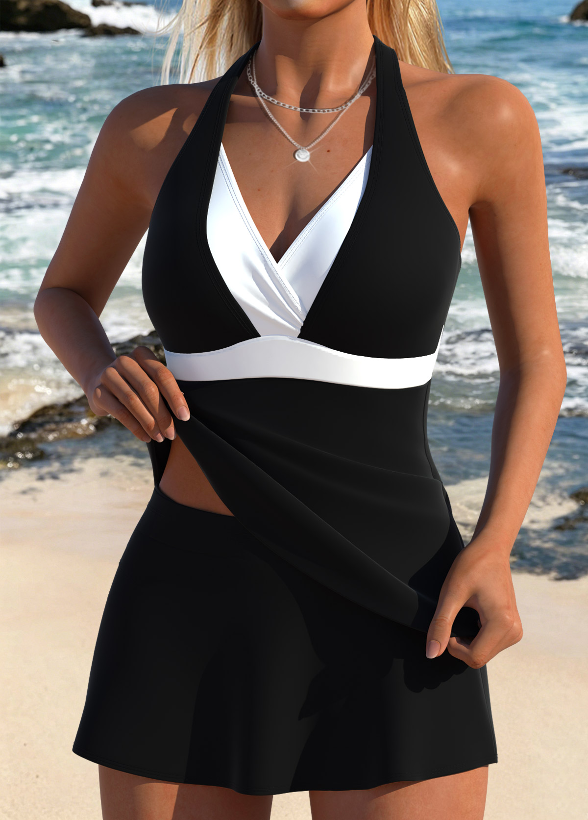 Mid Waisted Fake 2in1 Black Tankini Set