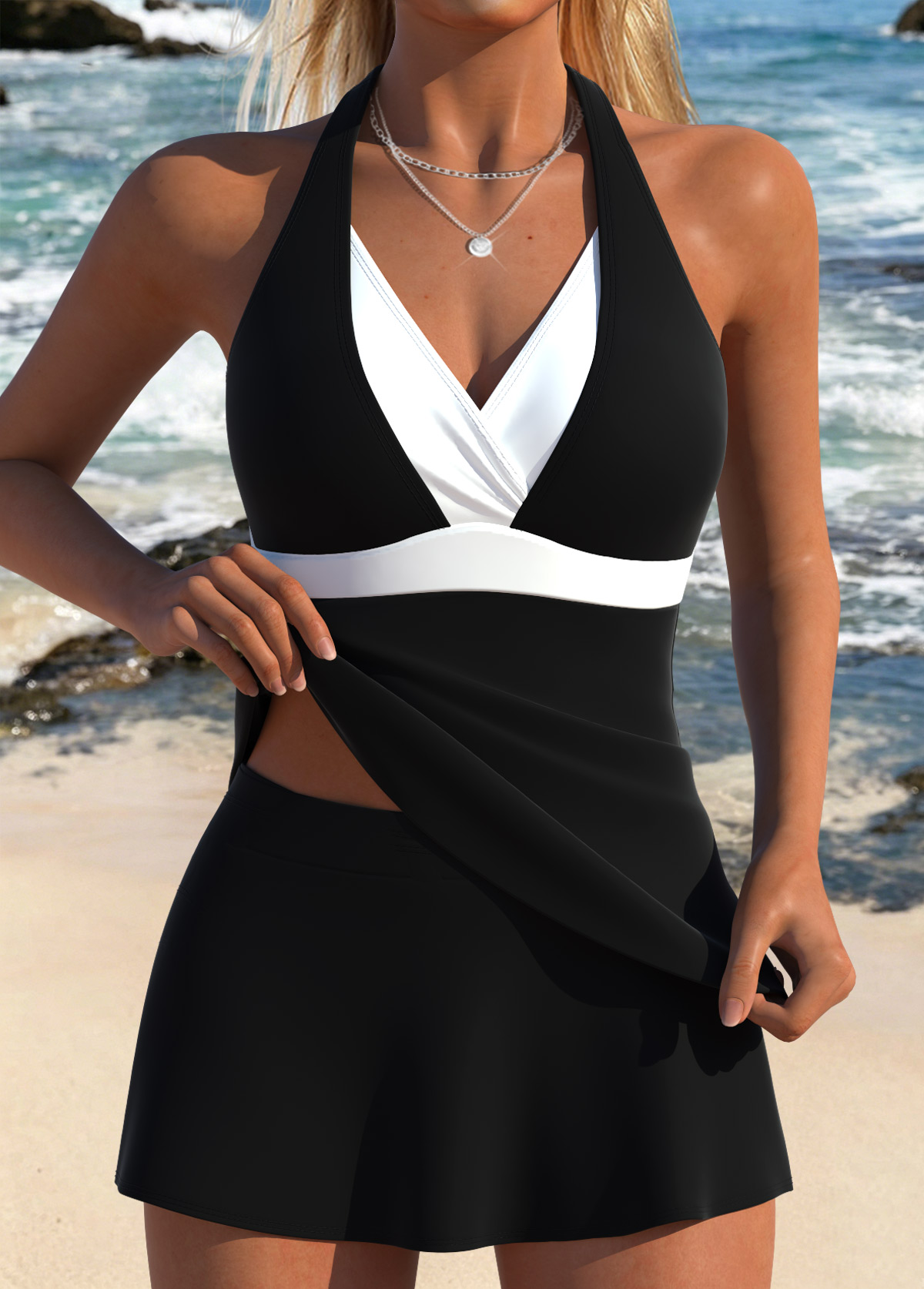 Mid Waisted Fake 2in1 Black Tankini Set