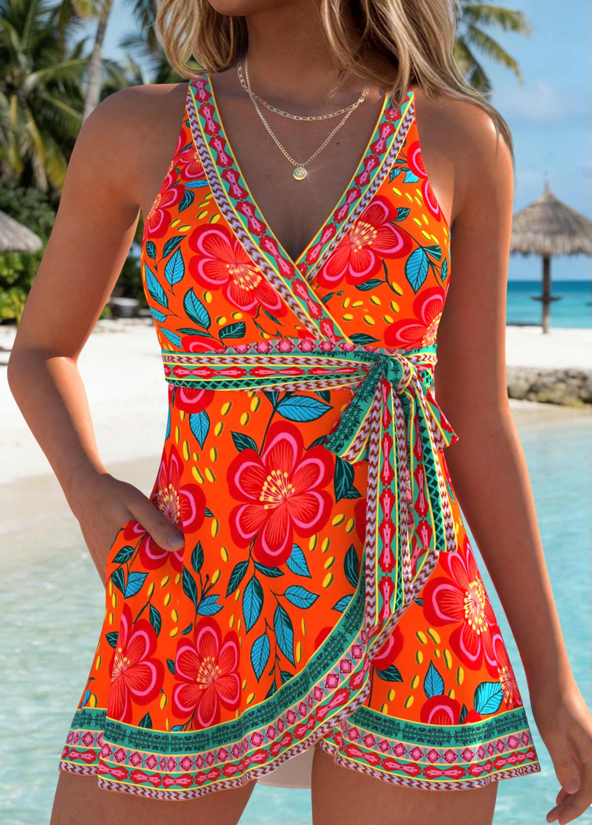 Floral Print Layered Orange One Piece Swimdress