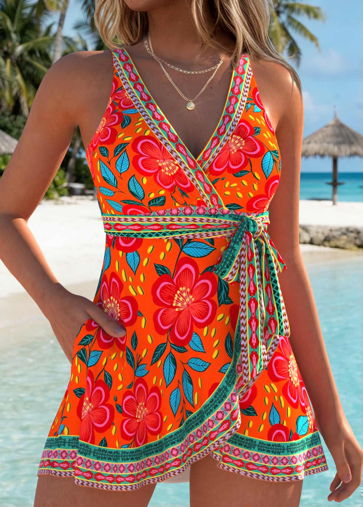 Floral Print Layered Orange One Piece Swimdress