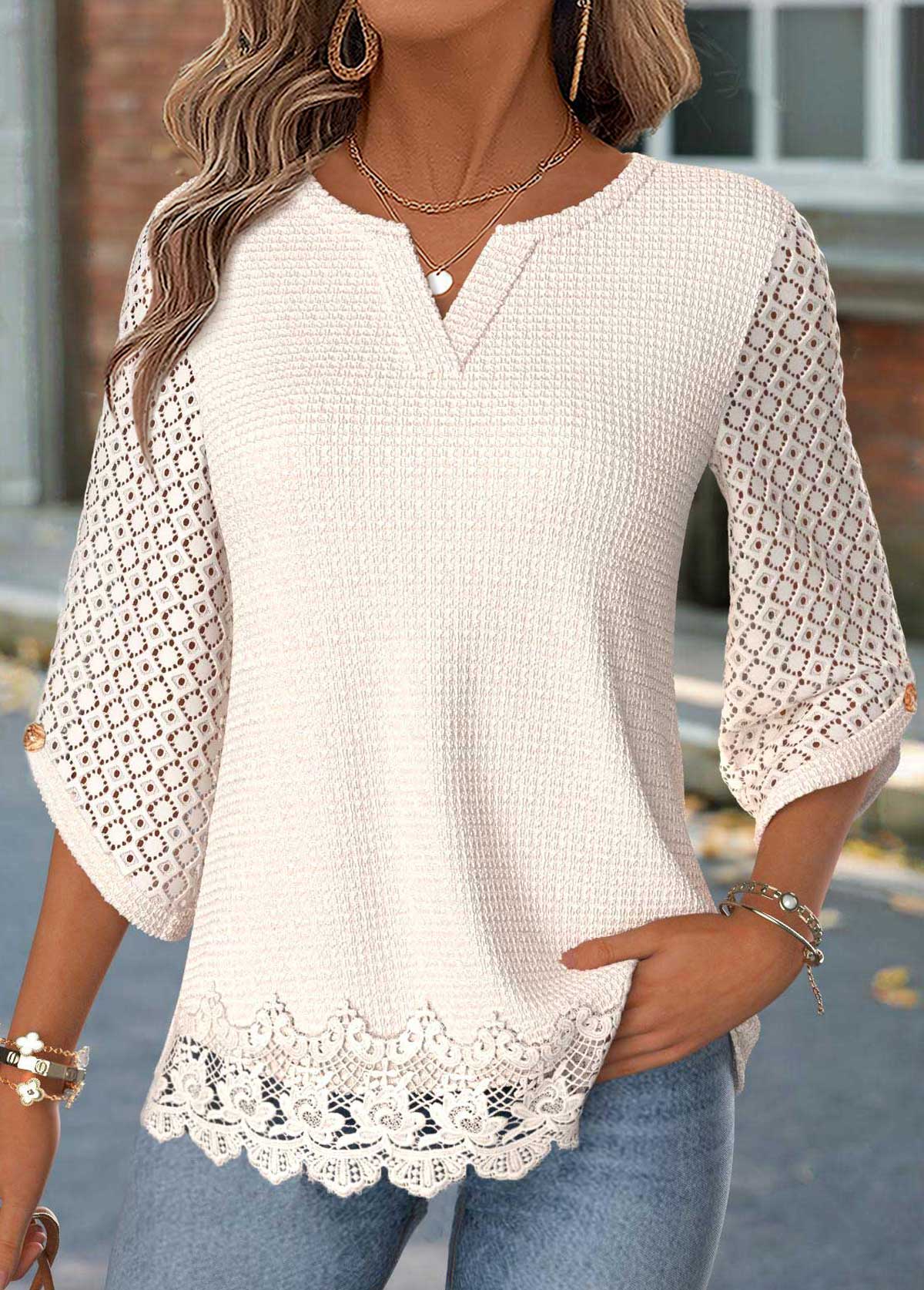 Curved Hem Beige 3/4 Sleeve Split Neck Blouse