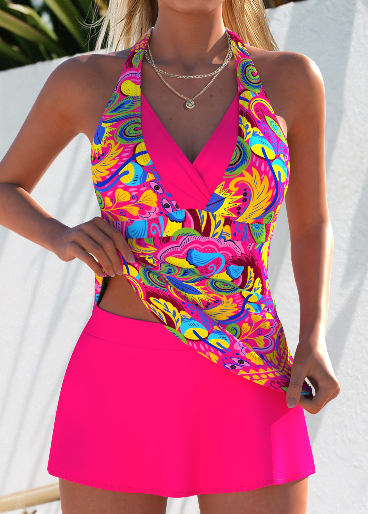 Mid Waisted Graffiti Print Layered Hot Pink Tankini Set