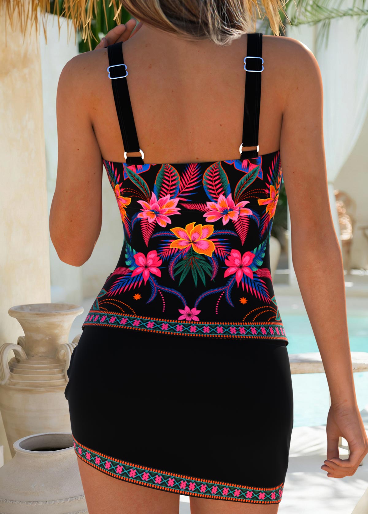 Mid Waisted Floral Print Surplice Black Tankini Set