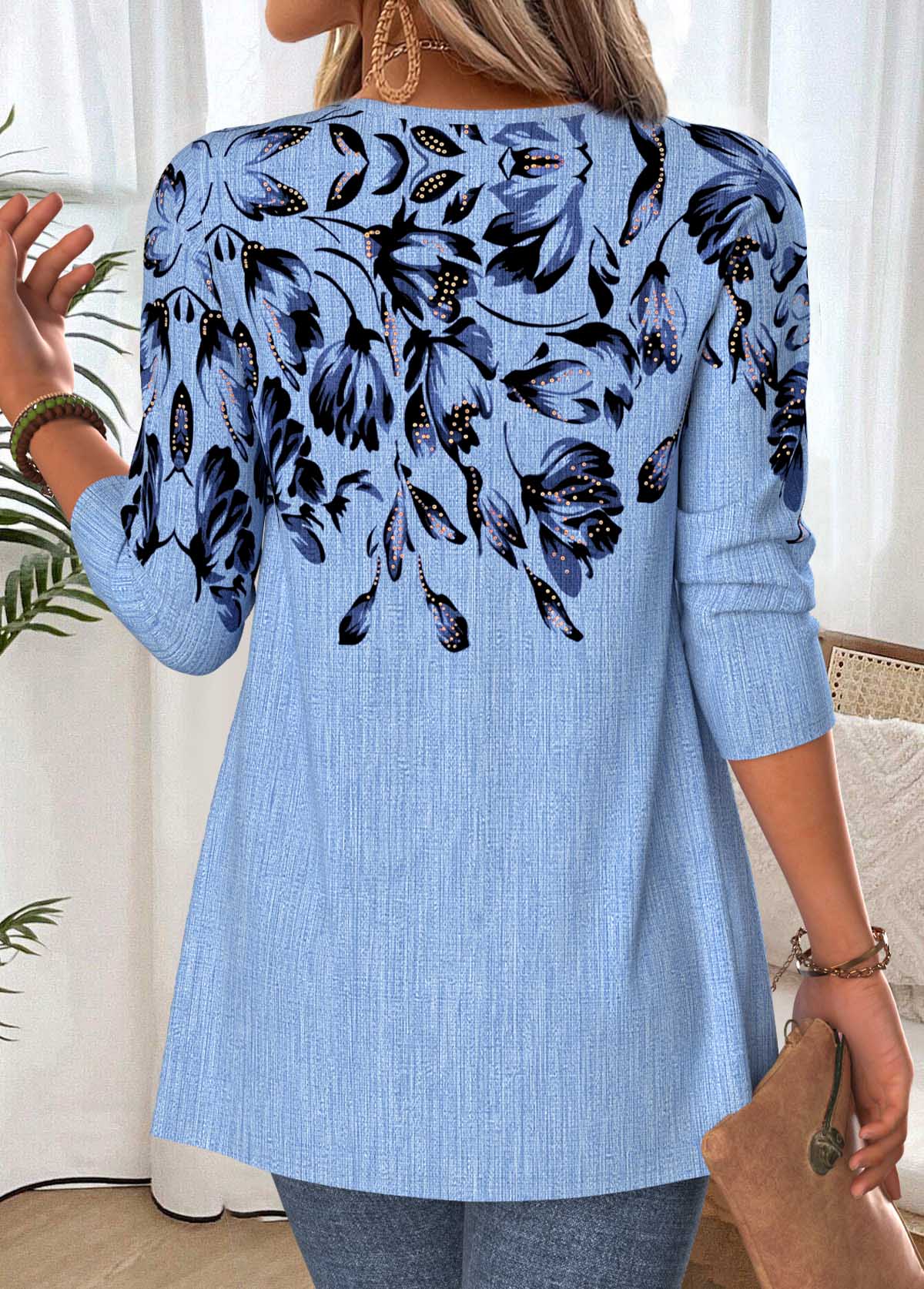 Floral Print Dusty Blue Fake Two Piece Twinset