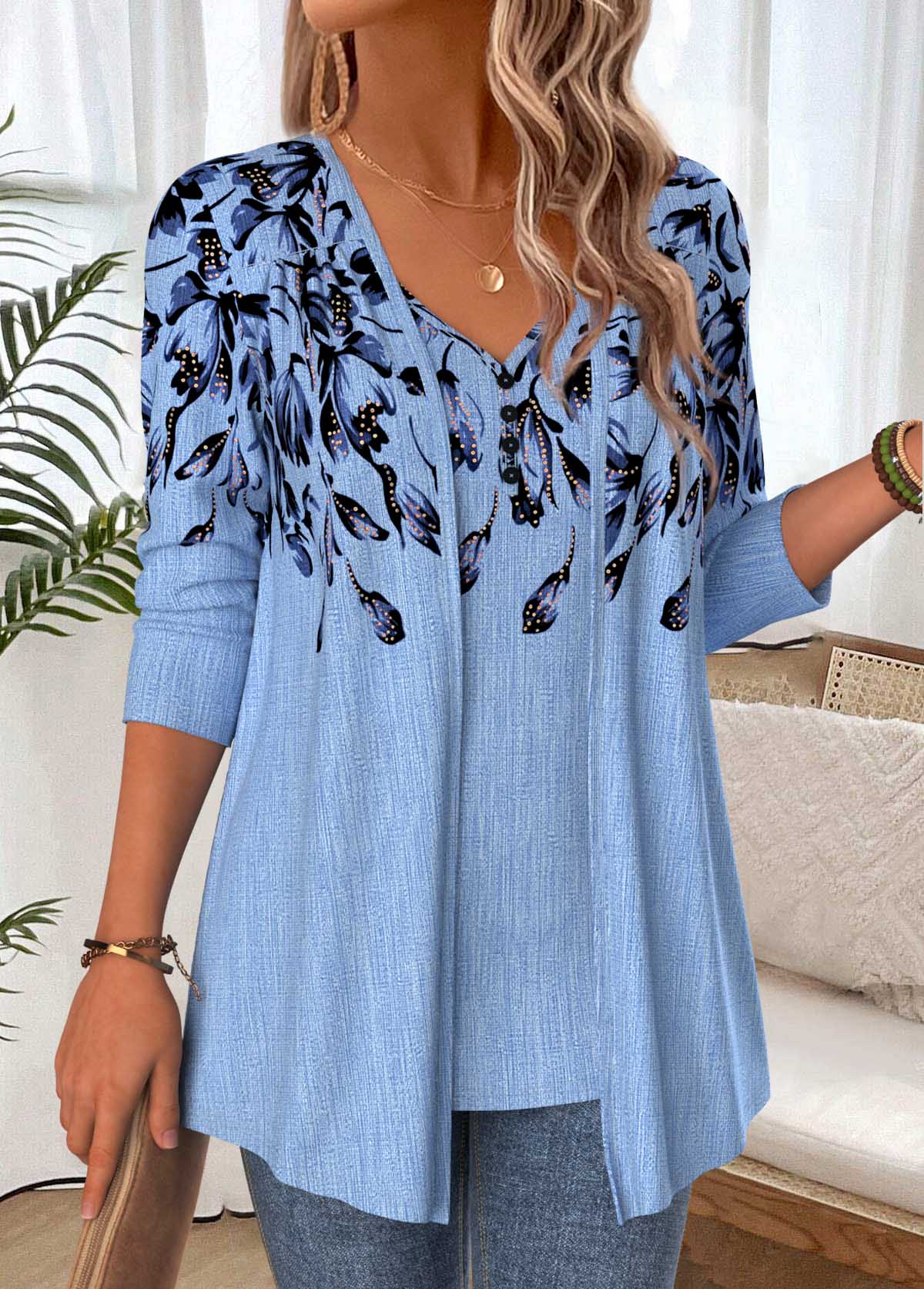 Floral Print Dusty Blue Fake Two Piece Twinset