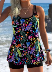 Floral Print Scoop Neck Black Tankini Set