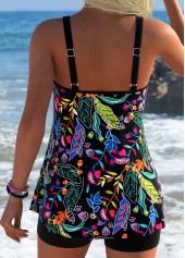 Floral Print Scoop Neck Black Tankini Set