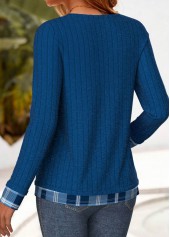 Plaid Button Blue Long Sleeve Fake Two Piece Twinset