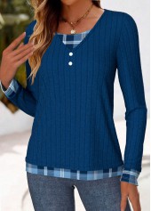 Plaid Button Blue Long Sleeve Fake Two Piece Twinset