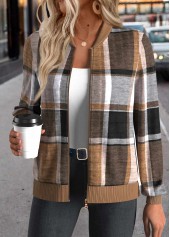 Plaid Zipper Dark Coffee Long Sleeve Stand Collar Jacket