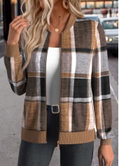 Plaid Zipper Dark Coffee Long Sleeve Stand Collar Jacket