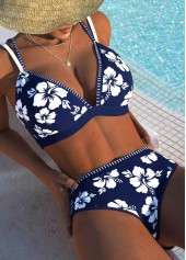 Mid Waisted Floral Print Contrast Binding Navy Bikini Set