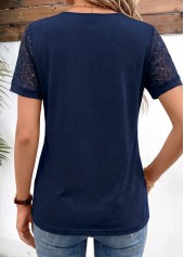 Patchwork Navy Short Sleeve Round Neck T Shirt