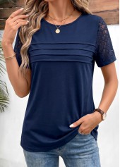 Patchwork Navy Short Sleeve Round Neck T Shirt