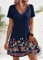 American Flag Floral Print Tummy Coverage Navy Short Dress