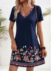 American Flag Floral Print Tummy Coverage Navy Short Dress