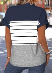 Striped Patchwork Navy Short Sleeve Split Neck Blouse
