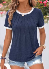 Patchwork Navy Short Sleeve Round Neck T Shirt