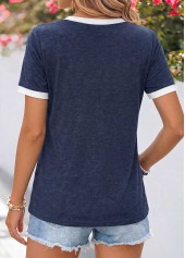 Patchwork Navy Short Sleeve Round Neck T Shirt