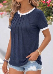 Patchwork Navy Short Sleeve Round Neck T Shirt
