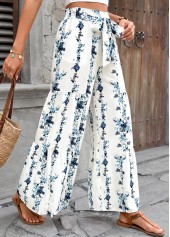 Floral Print White Flare Leg Elastic Waist Pants