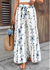 Floral Print White Flare Leg Elastic Waist Pants