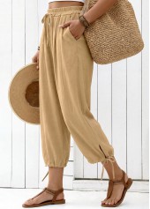 Light Camel Elastic Waist High Waisted Pants