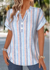Multi Stripe Print Tummy Coverage Short Sleeve Blouse
