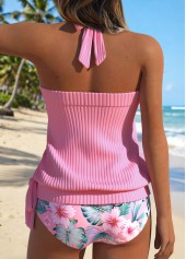 Mid Waisted Floral Print Bowknot Pink Tankini Set