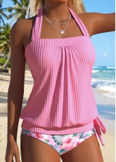 Mid Waisted Floral Print Bowknot Pink Tankini Set