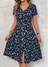 Floral Print Tummy Coverage Navy Short Sleeve Dress