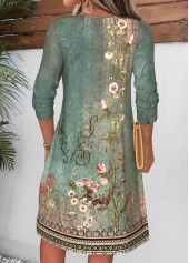 Random Floral Print Tuck Stitch Sage Green Short Dress