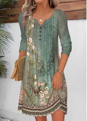 Random Floral Print Tuck Stitch Sage Green Short Dress