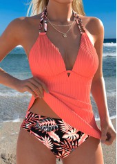 Mid Waisted Floral Print Two-piece Coral Tankini Set