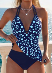 Mid Waisted Floral Print Tummy Coverage Navy Tankini Set
