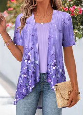 Floral Print Purple Short Sleeve Fake Two Piece Twinset