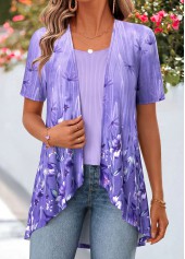 Floral Print Purple Short Sleeve Fake Two Piece Twinset