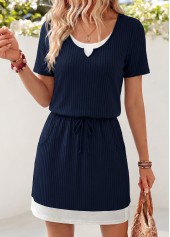 Fake 2in1 Navy Short Round Neck Dress