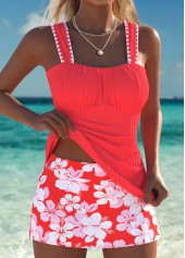Orange Mid Waisted Ruched Floral Print Tankini Set