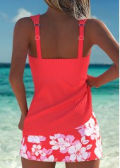 Orange Mid Waisted Ruched Floral Print Tankini Set