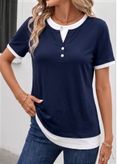Fake 2in1 Navy Short Sleeve Round Neck T Shirt