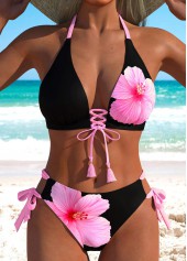 Mid Waisted Floral Print Lace Up Black Bikini Set