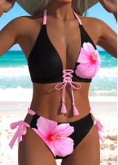 Mid Waisted Floral Print Lace Up Black Bikini Set