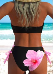 Mid Waisted Floral Print Lace Up Black Bikini Set